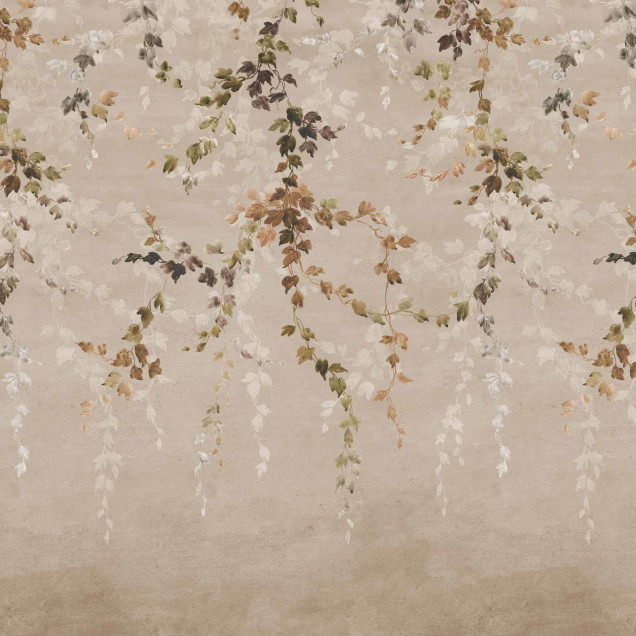 Tapet cu design rustic Vine Shadow, Taupe, Coordonne, cu frunze de vita de vie pictate pe un fundal taupe.