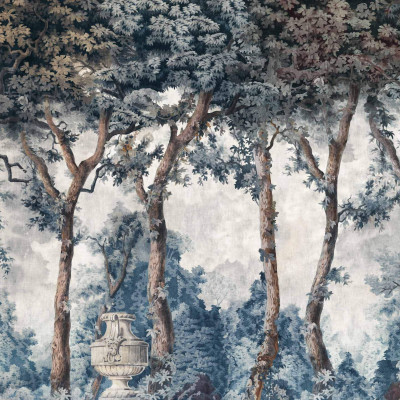 Tapet cu motive de pădure Byron Poem, Blue, Coordonne. Imaginea prezintă un tapet cu un design de pădure.