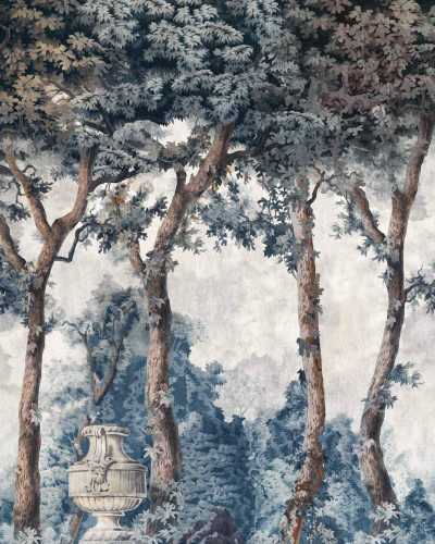 Tapet cu motive de pădure Byron Poem, Blue, Coordonne. Imaginea prezintă un tapet cu un design de pădure.