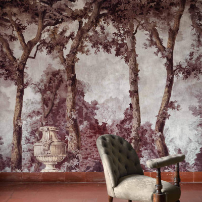 Tapet lavabil cu design elegant, cu copaci si o vaza, in nuante de vin