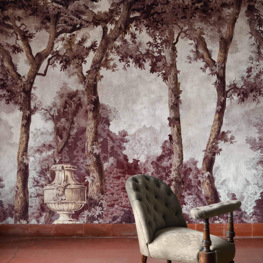 Tapet lavabil cu design elegant, cu copaci si o vaza, in nuante de vin