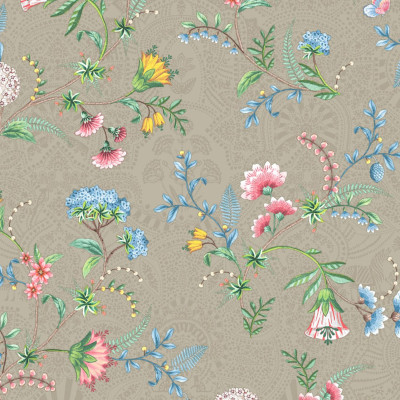 Tapet floral cu flori delicate, ramuri și frunze verzi pe un fond bej.