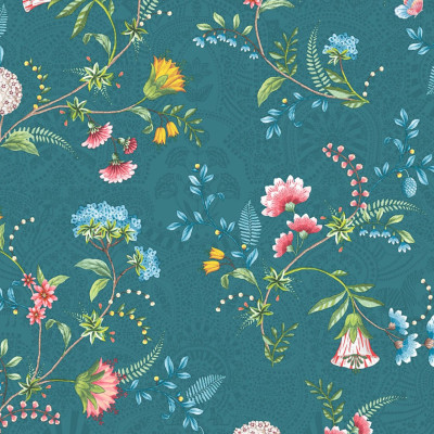 Tapet floral cu design delicat pe un fundal verde turcoaz.