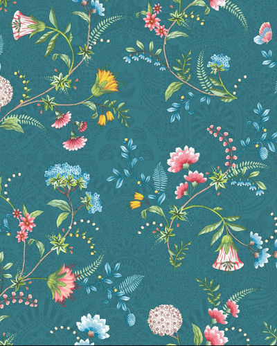 Tapet floral cu design delicat pe un fundal verde turcoaz.