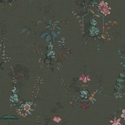 Tapet floral cu motive delicate și elegante, cu păsări și flori într-o paletă de culori pastelate