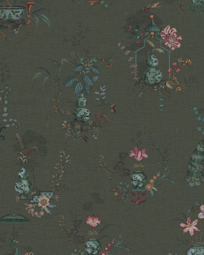 Tapet floral cu motive delicate și elegante, cu păsări și flori într-o paletă de culori pastelate