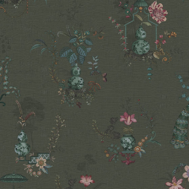 Tapet floral cu motive delicate și elegante, cu păsări și flori într-o paletă de culori pastelate