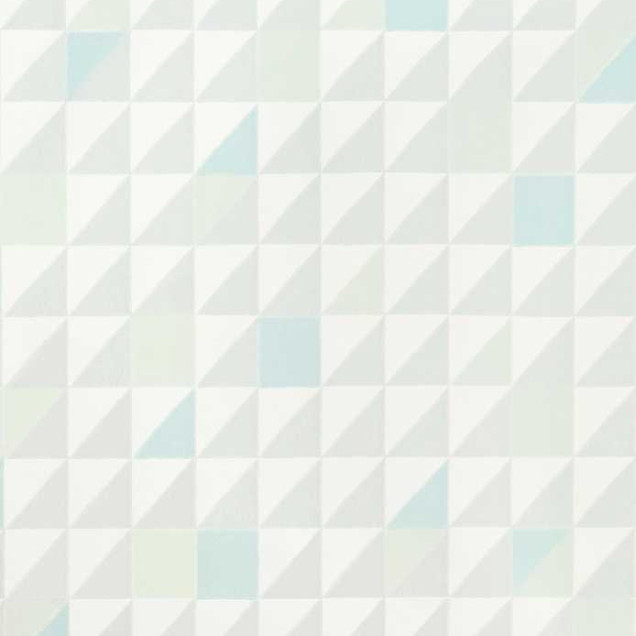 Tapet geometric cu triunghiuri, în nuanțe de verde și albastru deschis, pe fond alb.