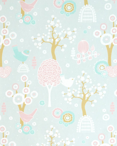 Tapet cu design floral gri, cu păsări și copaci stilizați.
