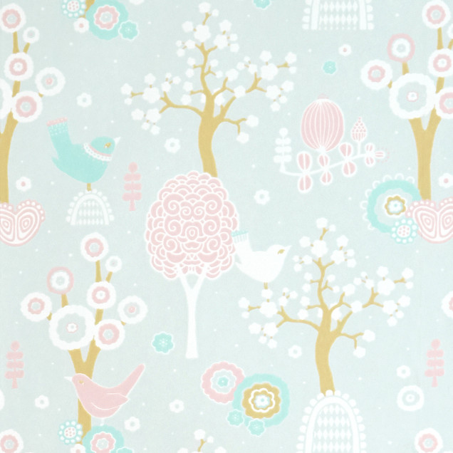 Tapet cu design floral gri, cu păsări și copaci stilizați.