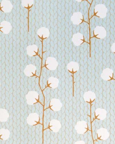 Tapet Sweet Cotton Turquoise cu imprimeu de bumbac pe fundal albastru deschis cu textura de tricot