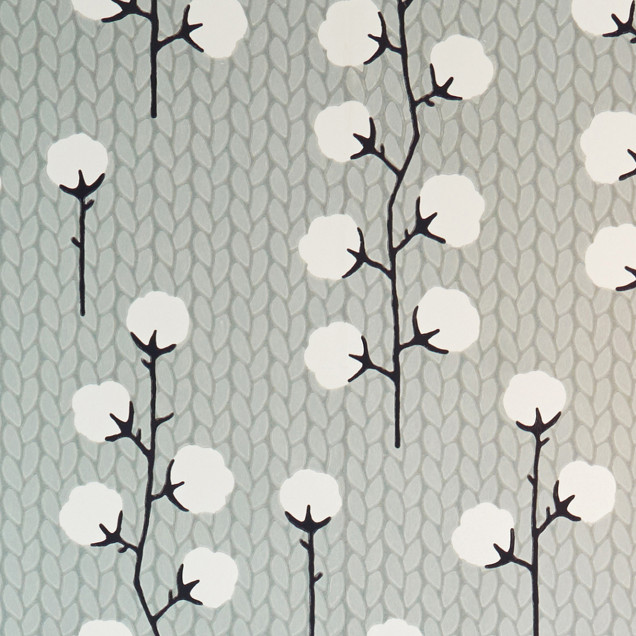 Tapet Sweet Cotton gri, cu un model de bumbac clasic, cu un design modern, ideal pentru un dormitor, living sau bucătărie.