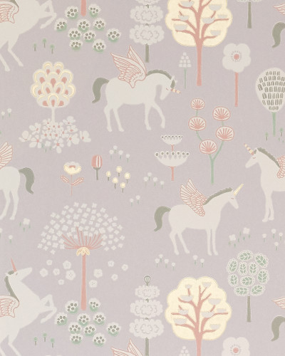 Tapet True Unicorns, Lilac cu unicorni zburători și copaci înfloriți pe fond liliac