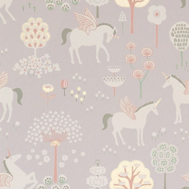 Tapet True Unicorns, Lilac cu unicorni zburători și copaci înfloriți pe fond liliac