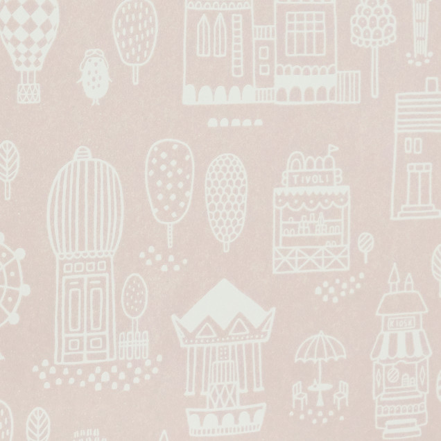 Wallpaper cu design orasel fermecator in nuante delicate de roz prafuit, perfect pentru camera copiilor.