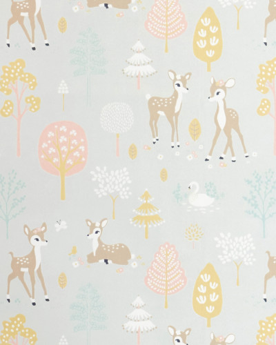Tapet cu cerbi și copaci, culori pastelate, design adorabil