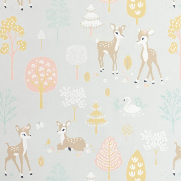 Tapet cu cerbi și copaci, culori pastelate, design adorabil