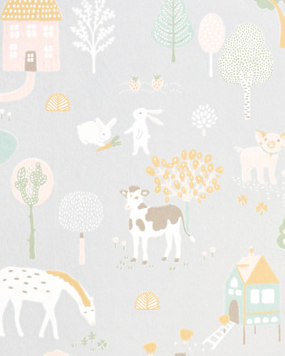 Tapet My Farm Soft Grey, cu design fermecător care prezintă o fermă idilică.