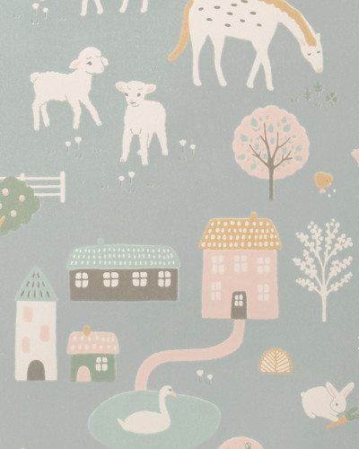 Tapet My Farm Stone Blue cu animale, case și copaci, ideal pentru camera copiilor
