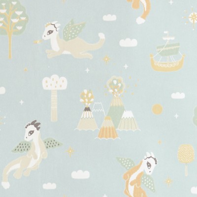Tapet Aventura Magică Dusty Blue, cu dragoni zburători, copaci fermecați și nori pufoși