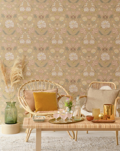 Tapet floral, June, Honey Beige, cu un design delicat și elegant