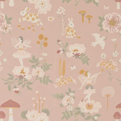 Tapet Old Garden Dusty Rose, cu model delicat de flori, iepurași și zâne, în nuanțe pastelate de roz prafuit.