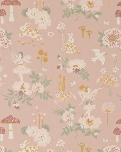 Tapet Old Garden Dusty Rose, cu model delicat de flori, iepurași și zâne, în nuanțe pastelate de roz prafuit.