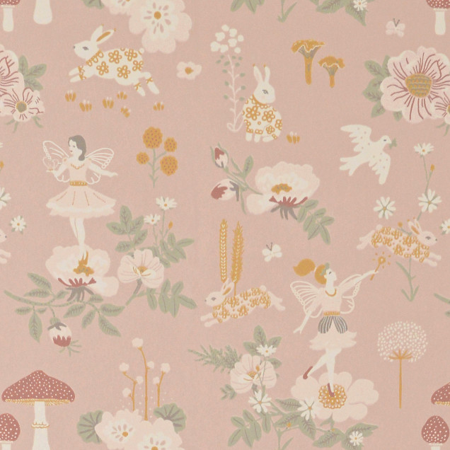 Tapet Old Garden Dusty Rose, cu model delicat de flori, iepurași și zâne, în nuanțe pastelate de roz prafuit.