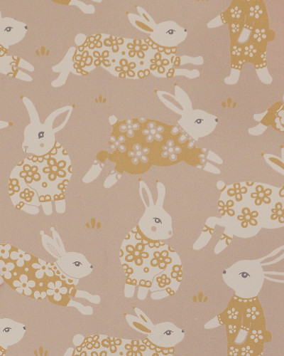 Tapet Garden Party, Dusty Blush Pink, cu iepurasi simpatici pe un fundal roz prafuit