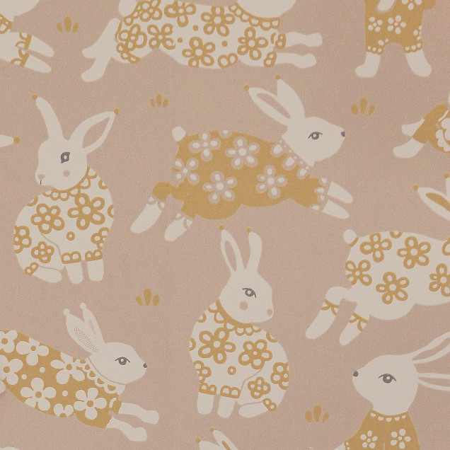 Tapet Garden Party, Dusty Blush Pink, cu iepurasi simpatici pe un fundal roz prafuit