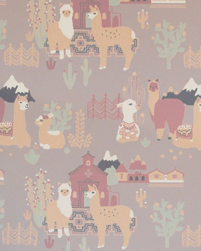 Imagine cu un tapet cu lami, Lama Village, Evening Lilac, in culori pastelate.
