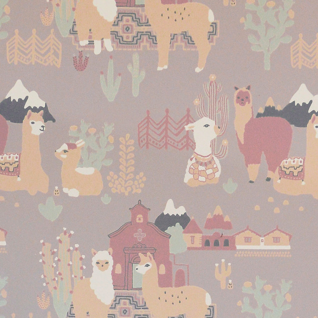 Imagine cu un tapet cu lami, Lama Village, Evening Lilac, in culori pastelate.