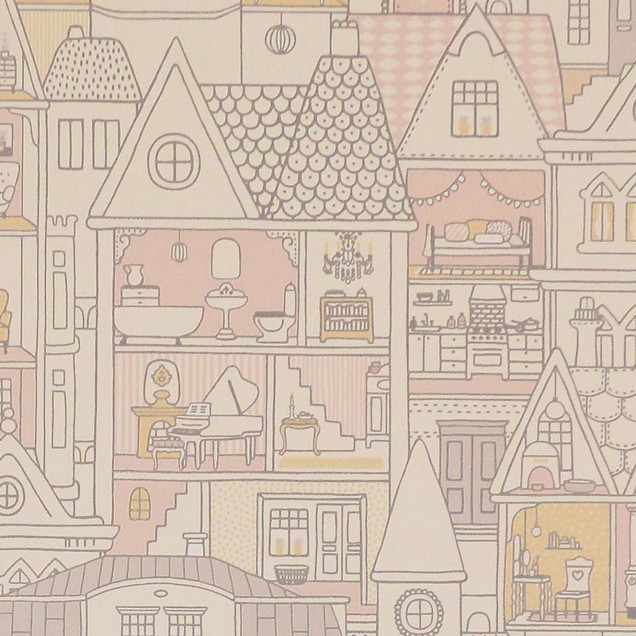 Imagine cu tapetul Dollhouse Soft Wool White, care prezintă o imagine cu casuțe adorabile în culori delicate.