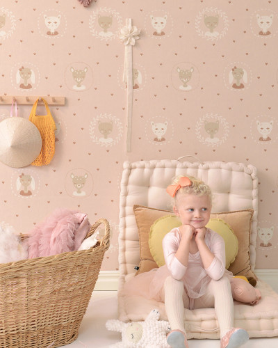 Tapet cu model delicat de inimi si animale drăguțe, Hearts Dusty Warm Pink