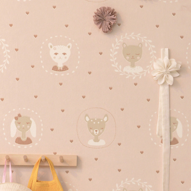 Tapet cu model delicat de inimi si animale drăguțe, Hearts Dusty Warm Pink