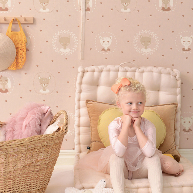 Tapet cu model delicat de inimi si animale drăguțe, Hearts Dusty Warm Pink