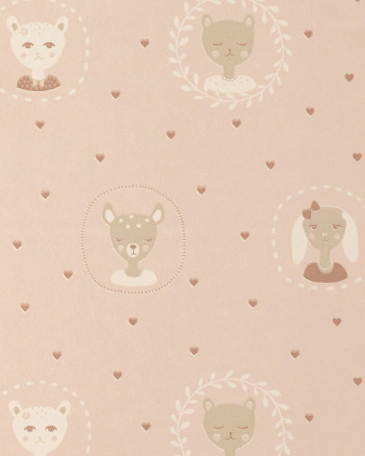 Tapet cu model delicat de inimi si animale drăguțe, Hearts Dusty Warm Pink
