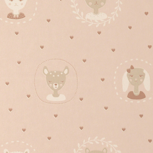 Tapet cu model delicat de inimi si animale drăguțe, Hearts Dusty Warm Pink