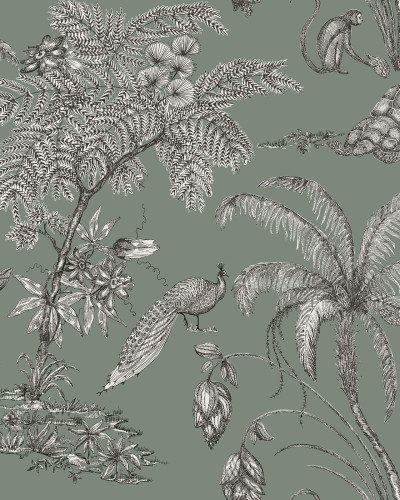 Tapet lavabil cu design exotic, cu palmieri, păsări și plante tropicale, în nuanțe de verde