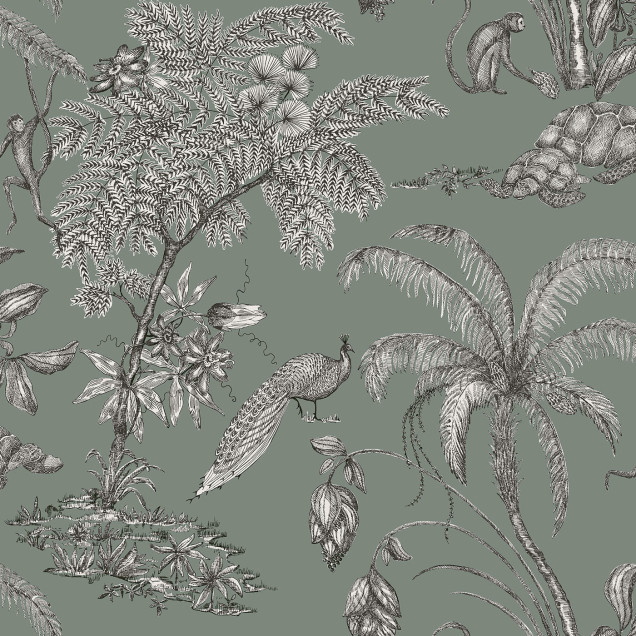 Tapet lavabil cu design exotic, cu palmieri, păsări și plante tropicale, în nuanțe de verde