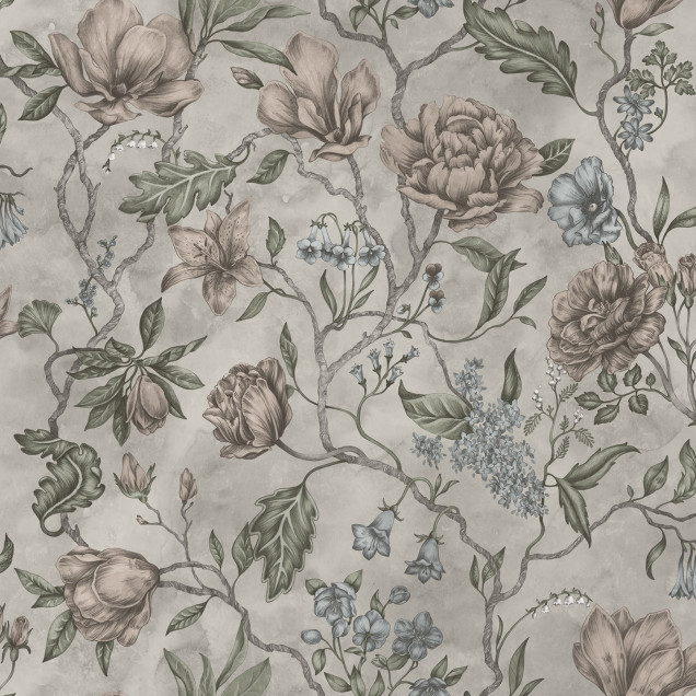 Tapet floral cu flori de magnolie, plante și frunze care se intersectează într-un model luxuriant.