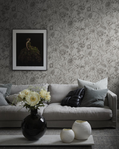 Wallpaper cu flori gri, design minimalist, pentru decorarea pereților