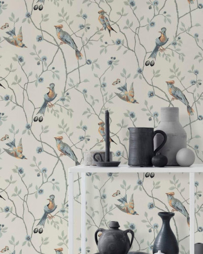 Tapet lavabil cu design elegant cu pasari delicate pe un fundal deschis