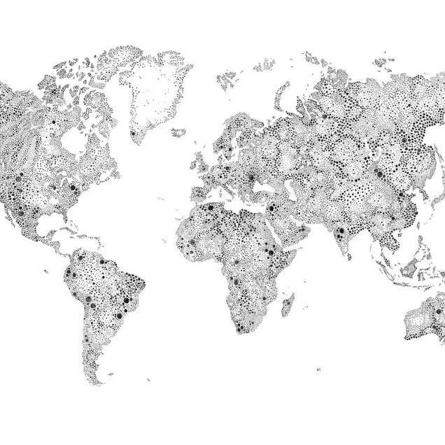 Tapet lavabil World Map Black, cu design minimalist, prezentând o harta a lumii în formă de puncte negre pe fond alb.