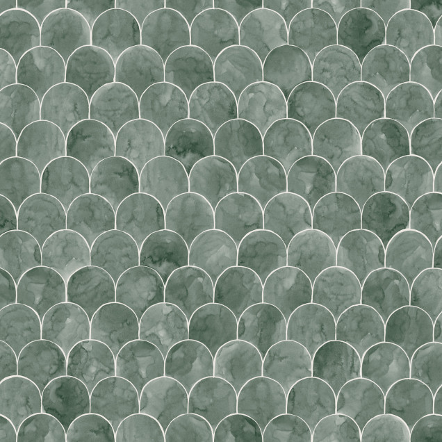 Tapet lavabil cu design modern si elegant, in nuante de verde-albastru, cu un model geometric subtil. Tapetul este prezentat intr-un interior modern, in bucatarie.