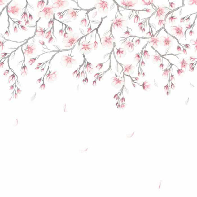 Tapet Sakura Mural Pink cu flori de cires roz pe un perete din living