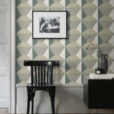 Tapet geometric modern Ilse Green în nuanțe de verde, bej și gri.