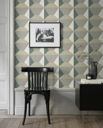 Tapet geometric modern Ilse Green în nuanțe de verde, bej și gri.