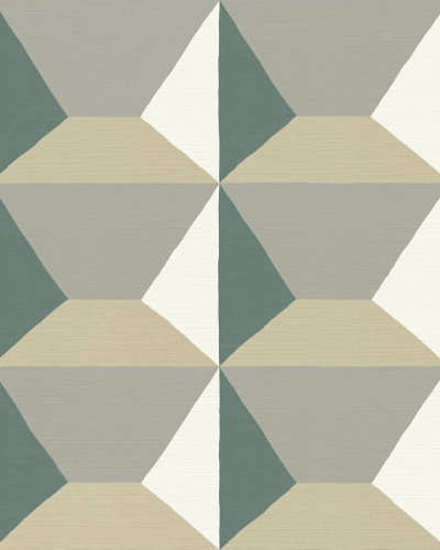 Tapet geometric modern Ilse Green în nuanțe de verde, bej și gri.