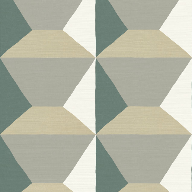 Tapet geometric modern Ilse Green în nuanțe de verde, bej și gri.